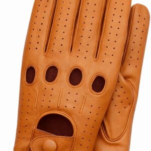 Men’s Perforated Leather Driving Gloves – Cognac Genuine Cowhide – Full-Finger Classic Motoring Style, Breathable Luxury Gloves (Small, Tan)