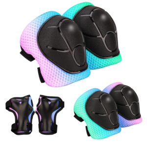 Kids Protective Gear Set - Knee Pads Elbow Pads with Wrist Guards for Ages 3-12 | 3-in-1 Safety Protective Gear for Skating, Cycling, Biking, Roller Skates, Scooters (Cyan Blue Pink, ‎S(3-7Years))